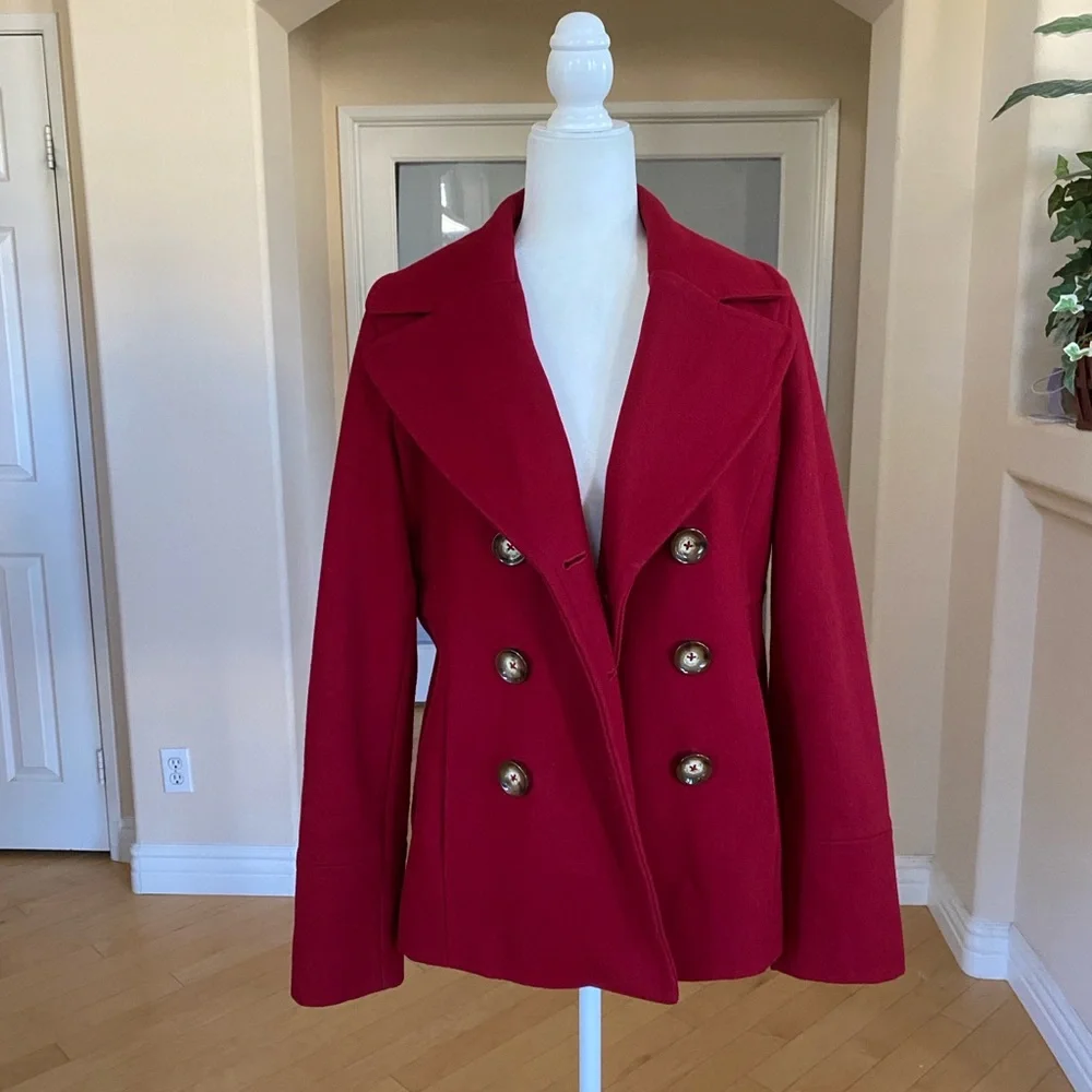 Michael Kors Wool Blend Double Breasted Burgandy Red Pea Coat with Logo Buttons